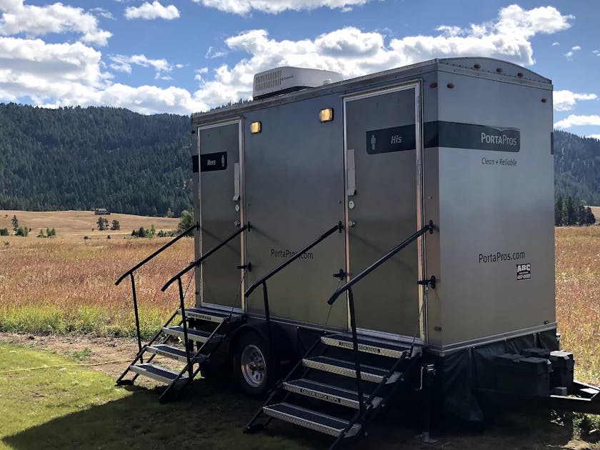PortaPros toilet trailer at mountain wedding.