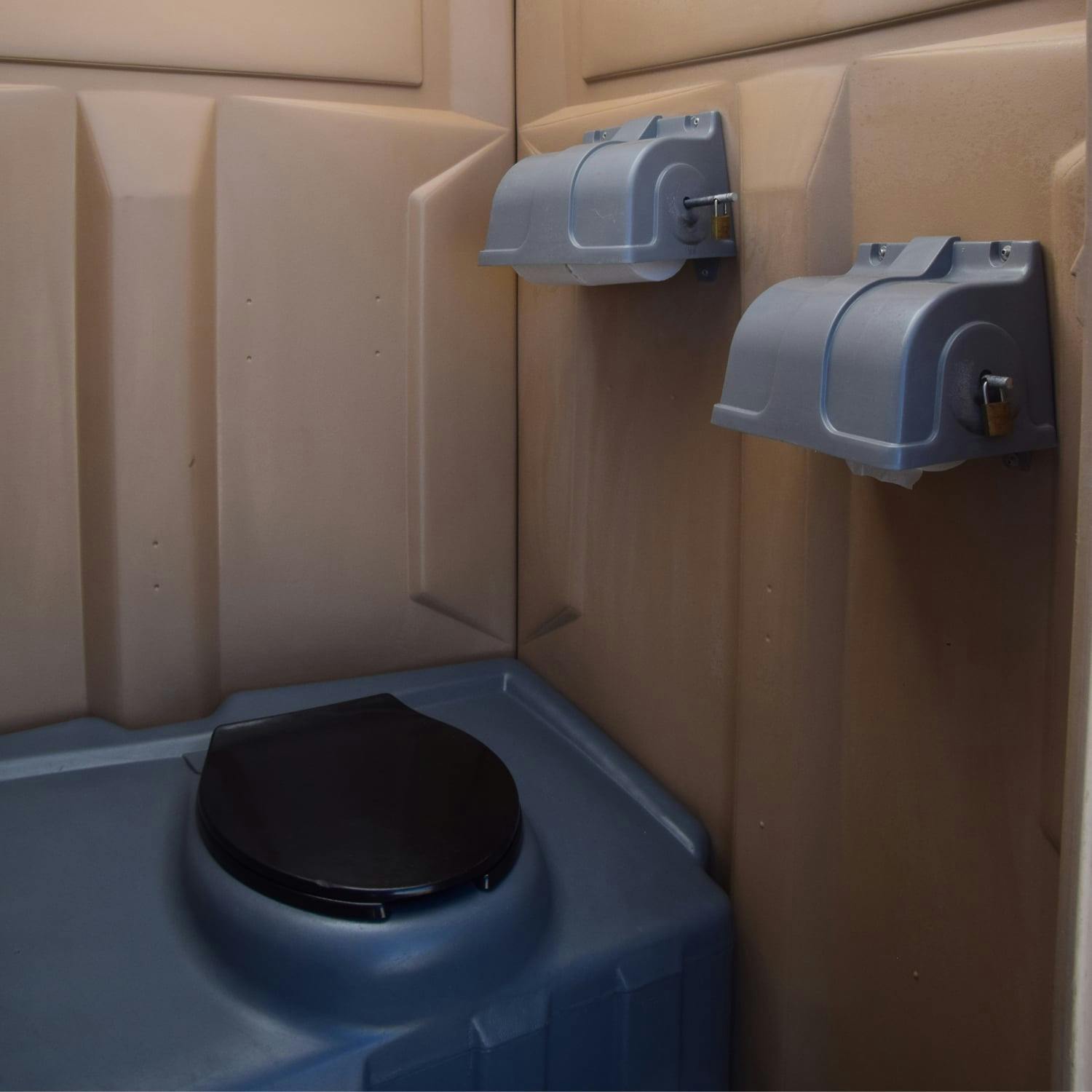 Single Restroom Trailer toilet paper dispensers and toilet